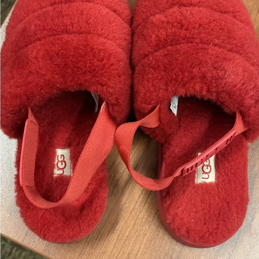 UGG Red Plush Backstrap Slide Slippers
